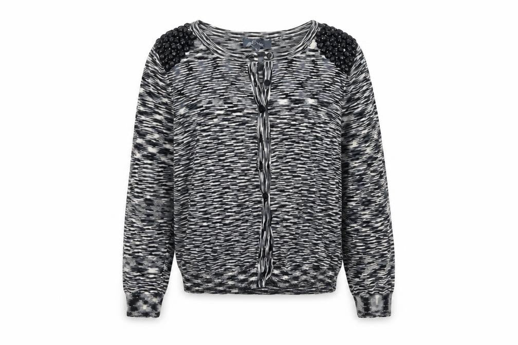 Front view of evie women’s grey knit cardigan jumper, size UK 8
