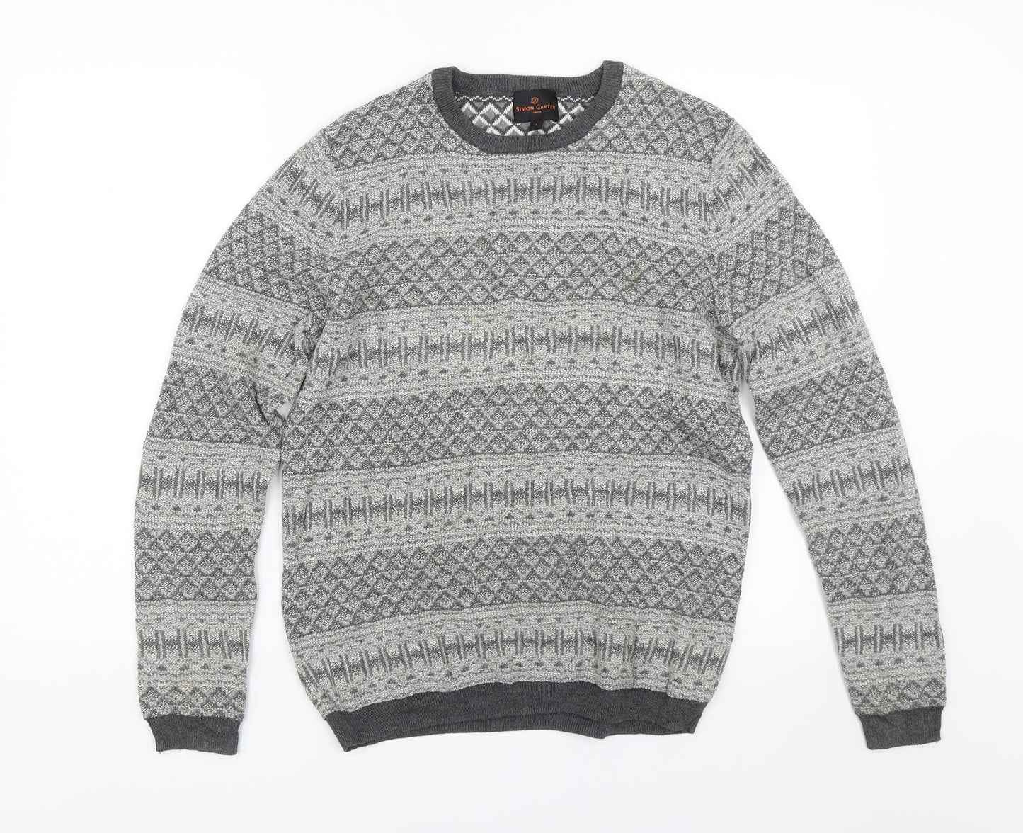 Simon Carter Mens Grey Argyle/Diamond Knit Pullover Jumper Size S