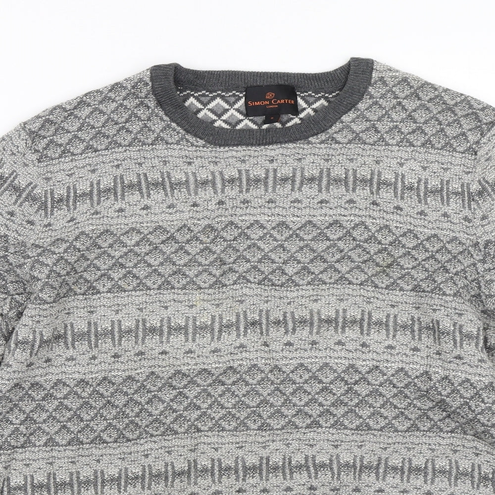 Simon Carter Mens Grey Argyle/Diamond Knit Pullover Jumper Size S