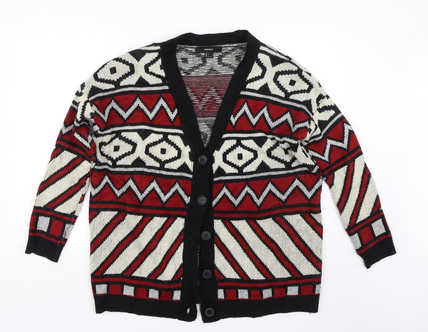 FOREVER 21 Womens Red Striped Knit Cardigan Jumper Size L
