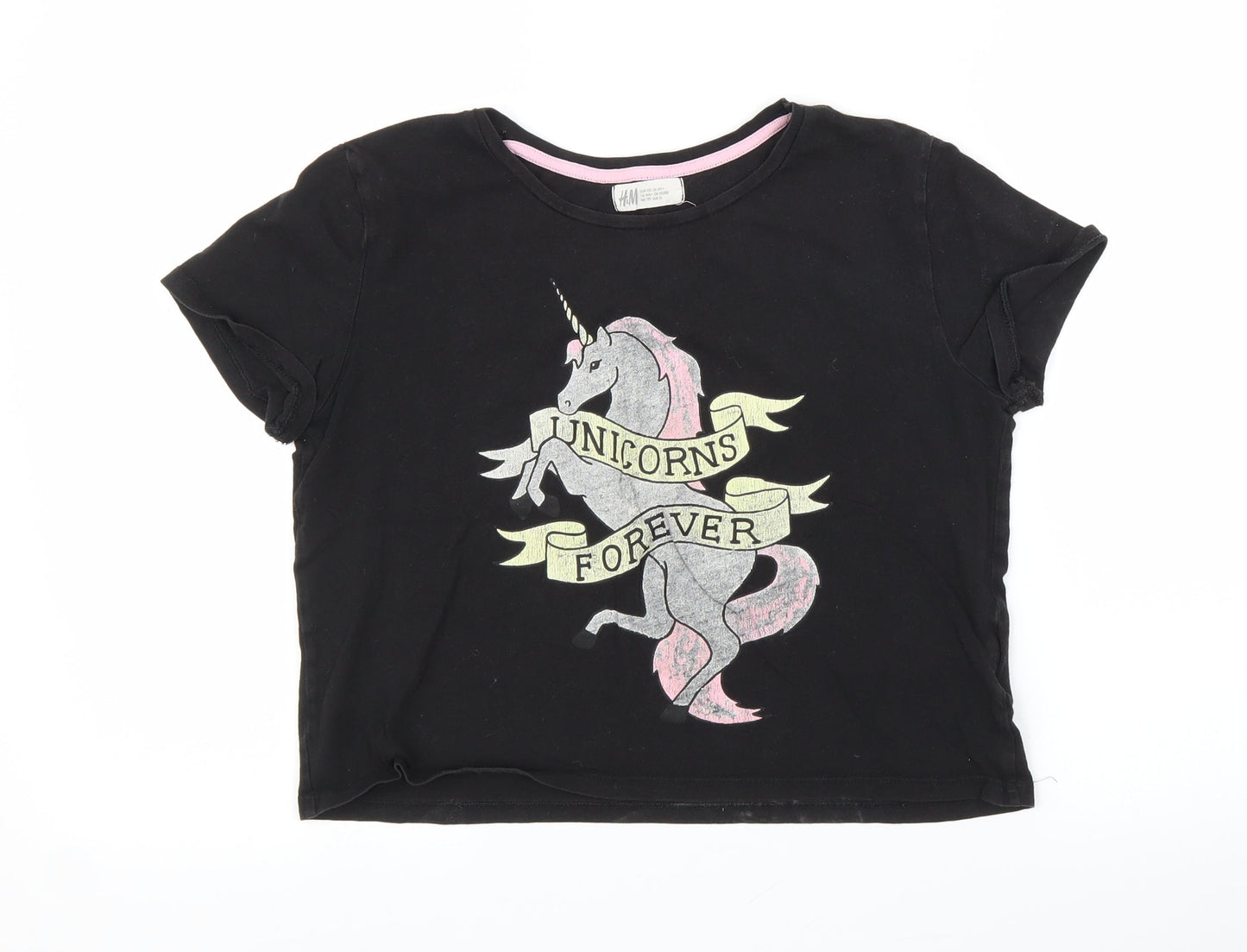 H&M Girls Black   Cropped T-Shirt Size 13 Years  - Unicorn