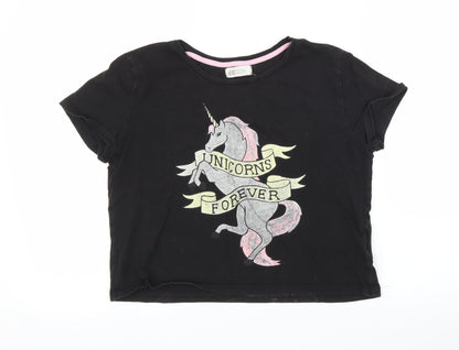 H&M Girls Black   Cropped T-Shirt Size 13 Years  - Unicorn