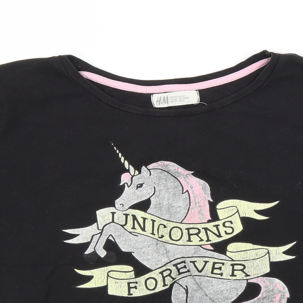 H&M Girls Black   Cropped T-Shirt Size 13 Years  - Unicorn