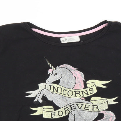 H&M Girls Black   Cropped T-Shirt Size 13 Years  - Unicorn