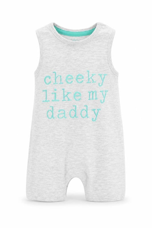 Front view of F&F boys’ grey dungaree one-piece, size 3-6, months