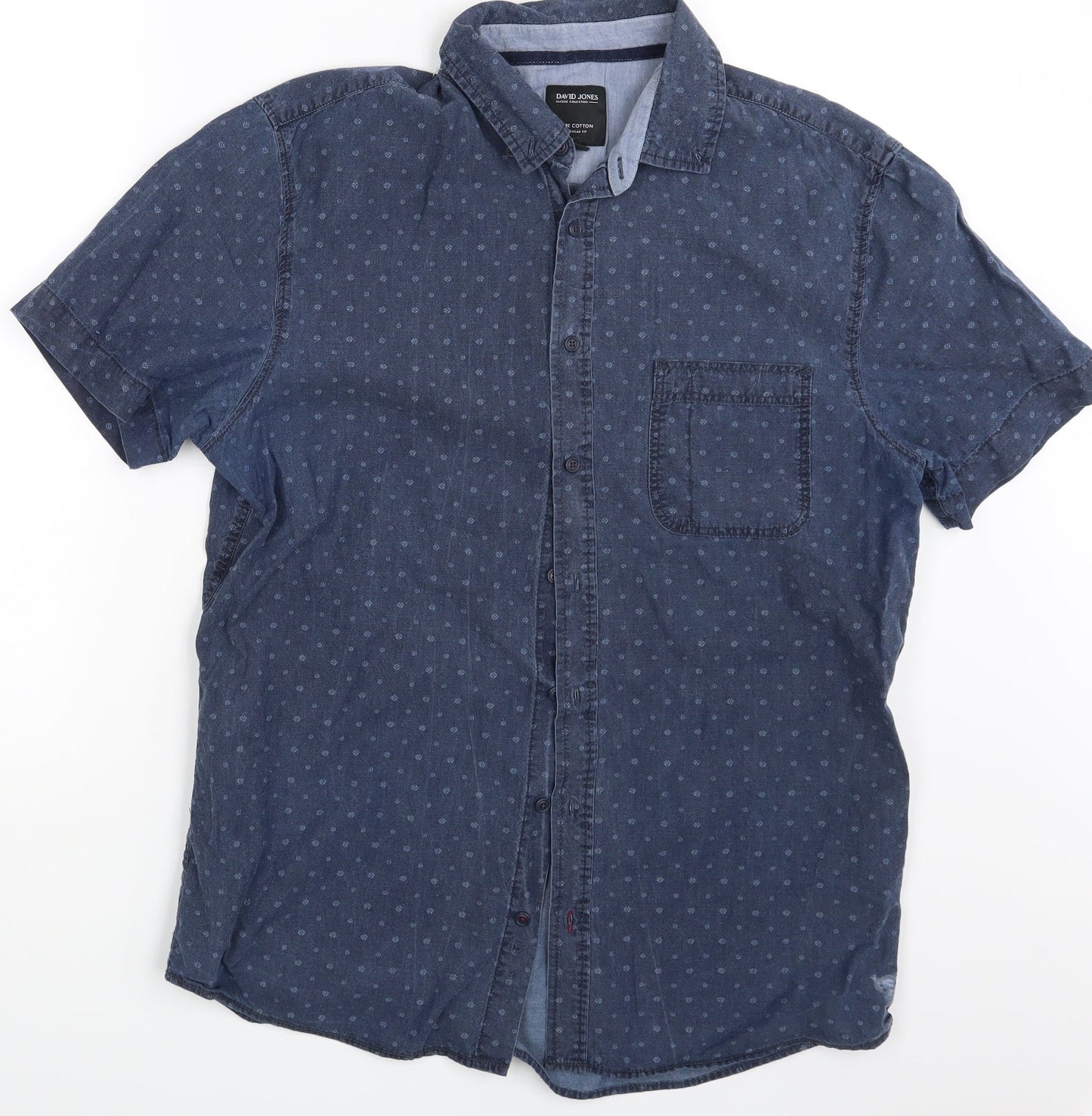 Mens UK Size M David Jones Blue  Button-Up Short Sleeve Casual Shirt