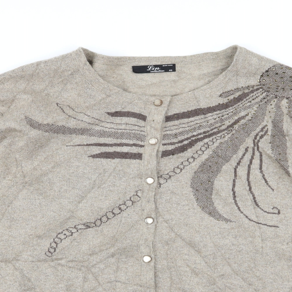 lin Womens Beige Geometric  Cardigan Jumper Size XL