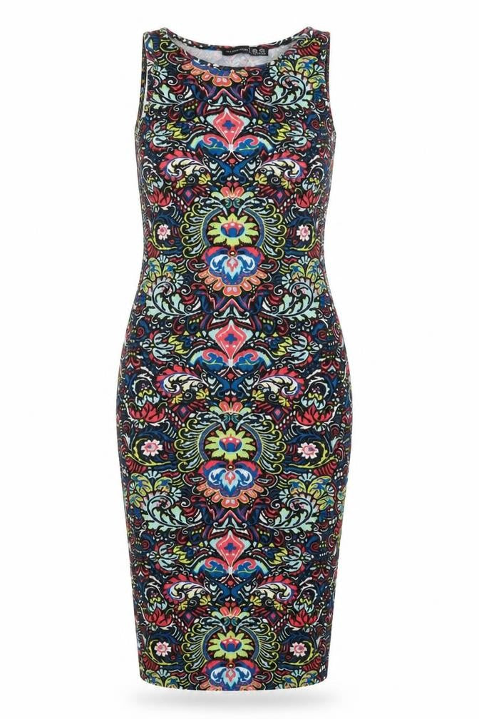Front view of Atmosphere women’s black geometric pencil dress, size UK 8