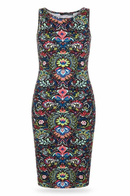 Front view of Atmosphere women’s black geometric pencil dress, size UK 8
