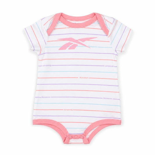 Front view of Reebok girls’ multicoloured striped babygrow one-piece, size 0-3, months