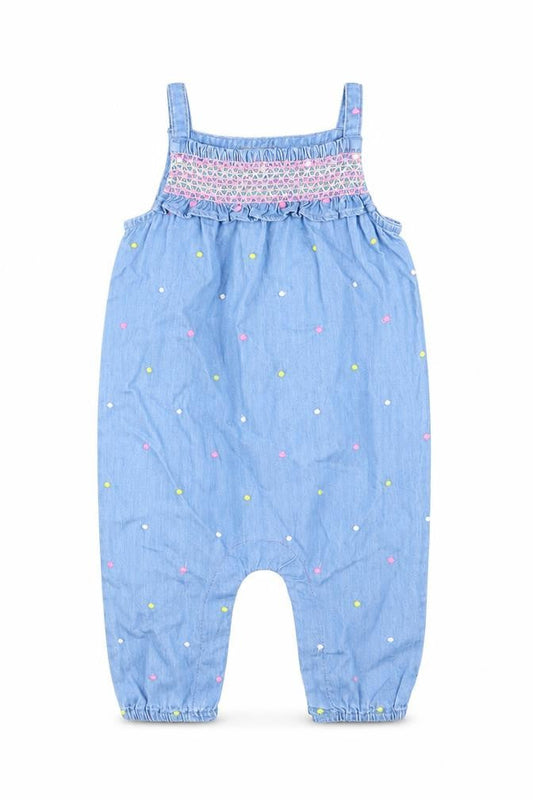 Front view of F&F girls’ blue polka dot babygrow one-piece, size 3-6, months