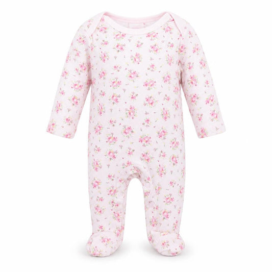 Front view of Bebe Bonito girls’ pink floral babygrow one-piece, size 3-6, months