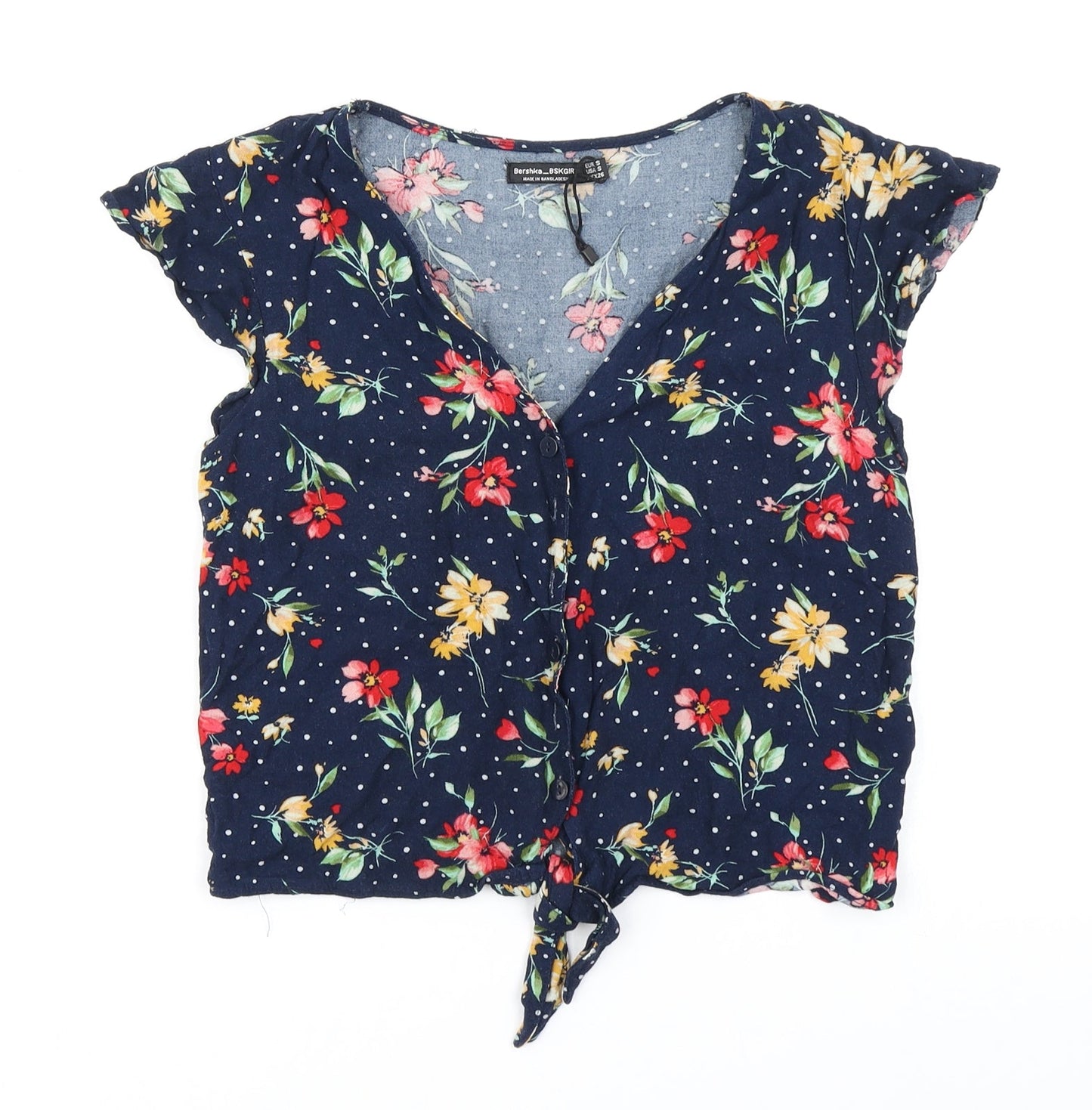 Bershka Womens Blue Floral  Cropped T-Shirt Size S