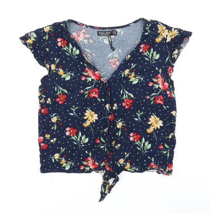 Bershka Womens Blue Floral  Cropped T-Shirt Size S
