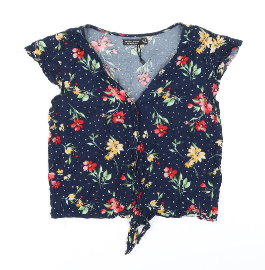 Bershka Womens Blue Floral  Cropped T-Shirt Size S