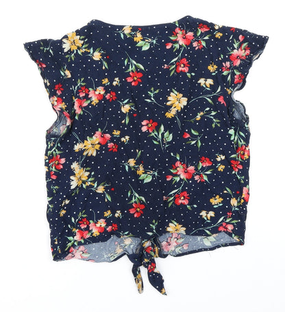 Bershka Womens Blue Floral  Cropped T-Shirt Size S