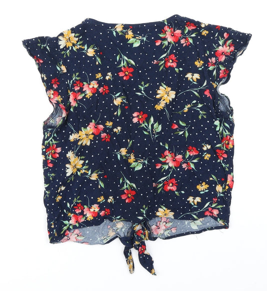 Bershka Womens Blue Floral  Cropped T-Shirt Size S