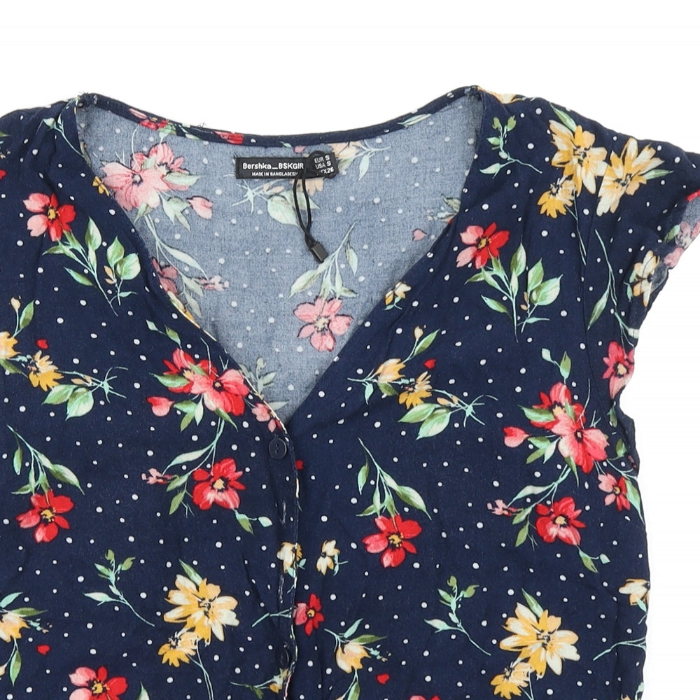 Bershka Womens Blue Floral  Cropped T-Shirt Size S