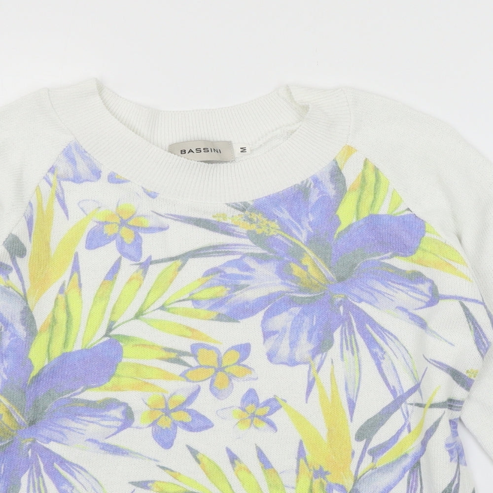 BASSINI Womens White Floral Knit Pullover Jumper Size M
