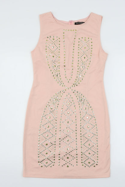 Layers Womens Pink Geometric Jersey Bodycon  Size S