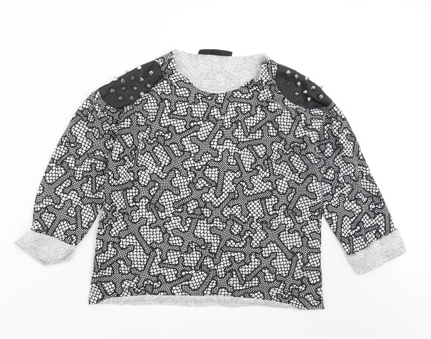 Topshop Womens Black Geometric  Pullover Sweatshirt Size 6  - Studded Shoulder