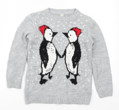 Ty Girls Grey  Knit Pullover Jumper Size 8 Years  - Penguins