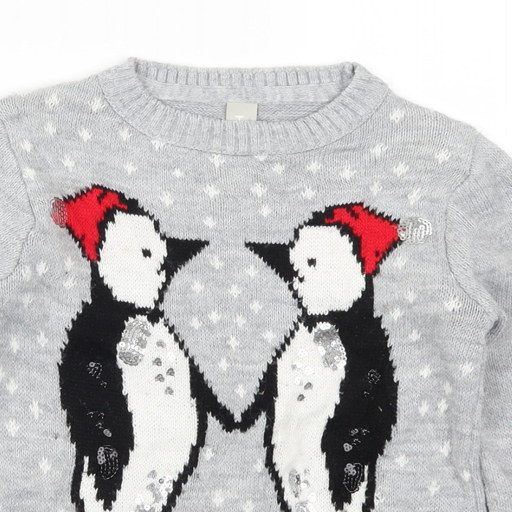 Ty Girls Grey  Knit Pullover Jumper Size 8 Years  - Penguins