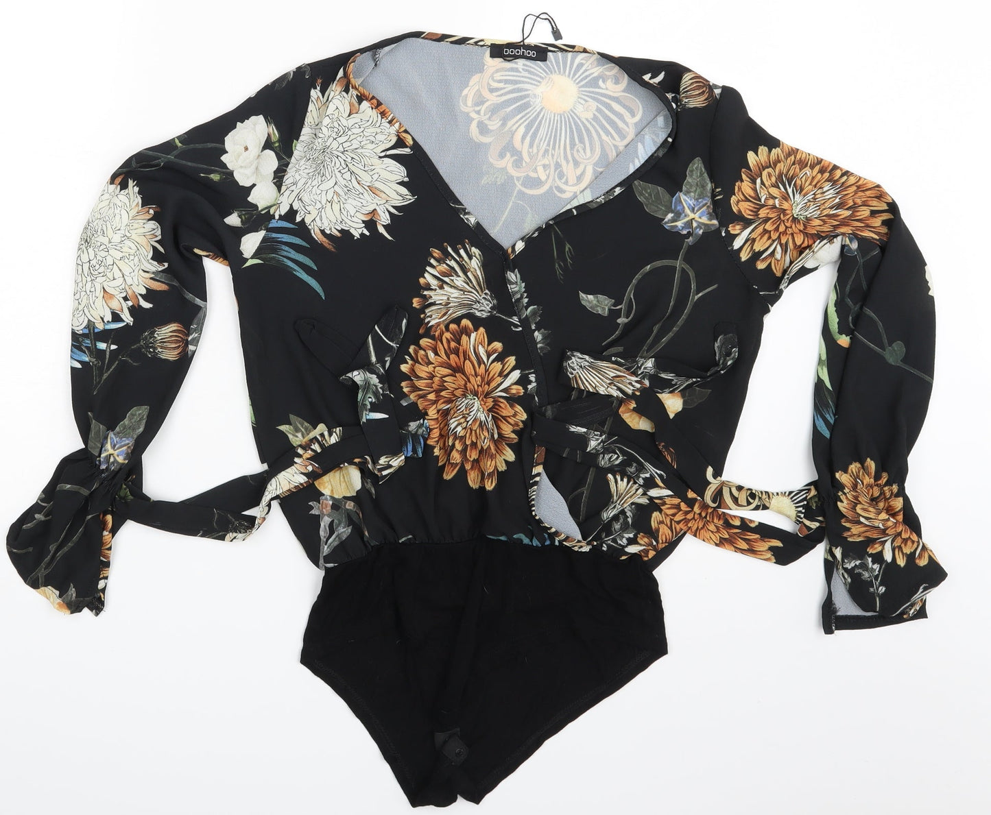Boohoo Womens Black Floral  Bodysuit One-Piece Size 8