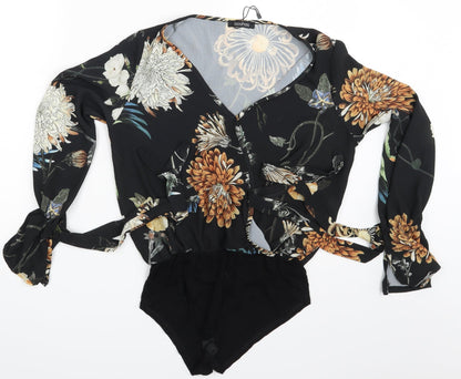 Boohoo Womens Black Floral  Bodysuit One-Piece Size 8