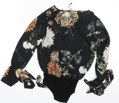Boohoo Womens Black Floral  Bodysuit One-Piece Size 8