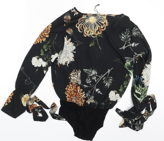 Boohoo Womens Black Floral  Bodysuit One-Piece Size 8