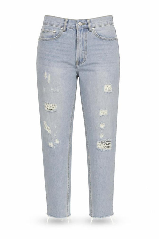 Front view of Missguided women’s blue straight jeans, size UK 8, 28-inch leg