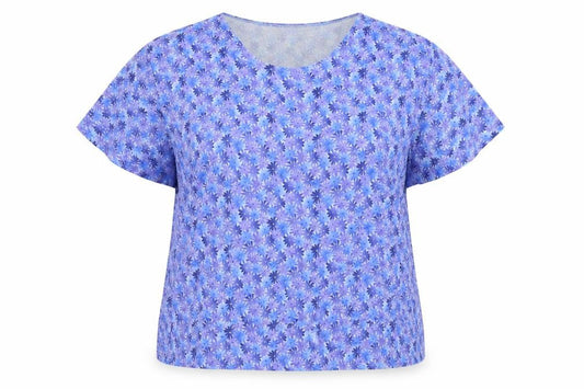 Front view of CANDA women’s blue floral basic blouse, size XL
