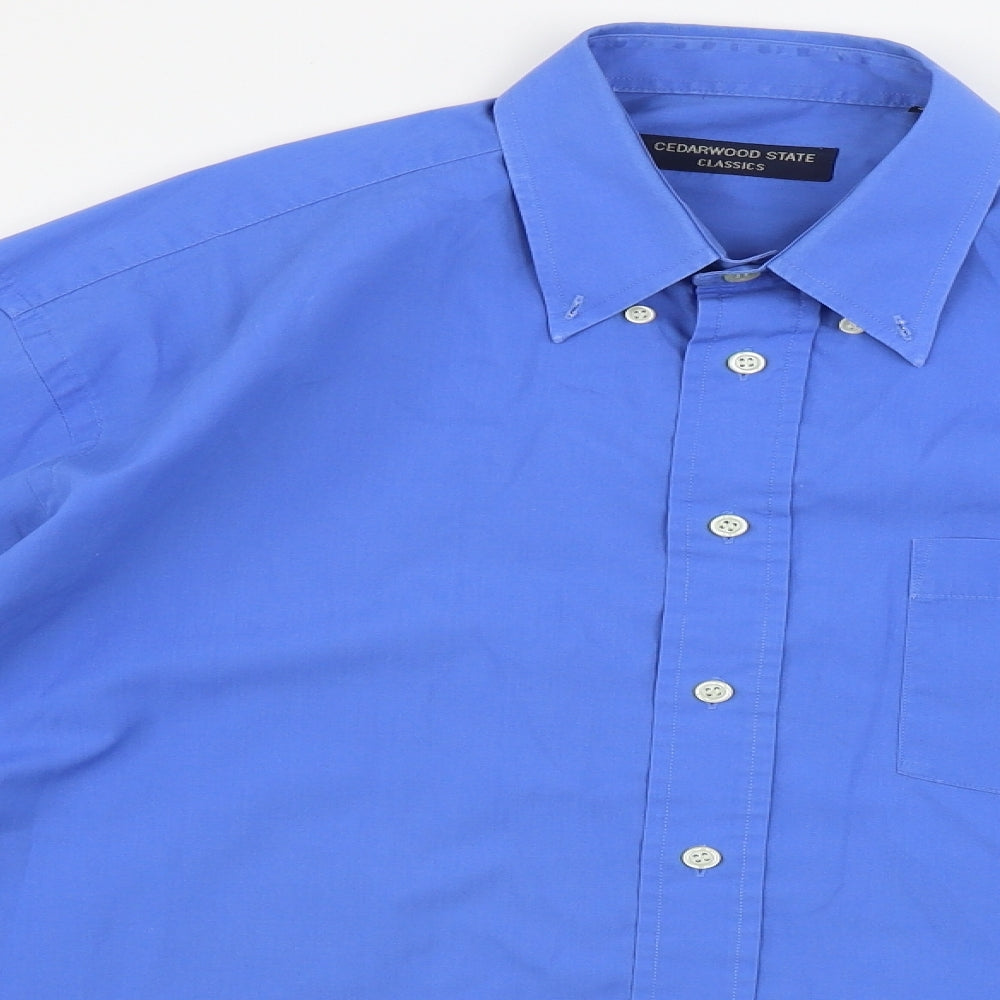 Mens UK Size 15 Cedar Wood State Blue  Button-Up Long Sleeve Casual Shirt