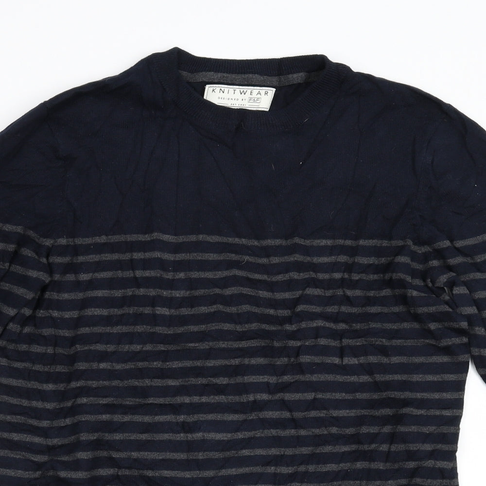 F&F Mens Blue Striped Knit Pullover Jumper Size S