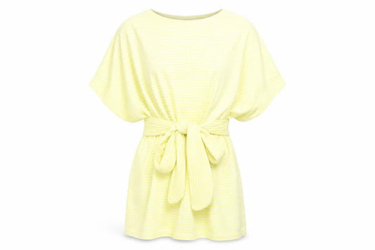 Front view of Principles women’s yellow striped t-shirt dress, size UK 10