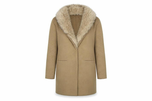 Front view of Atmosphere women’s beige overcoat coat, size UK 6, - fur collar