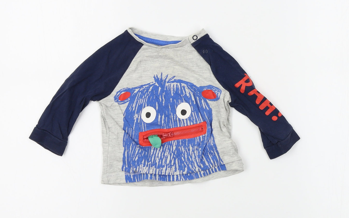 F&F Boys Grey   Basic T-Shirt Size 6-9 Months  - monster zip mouth