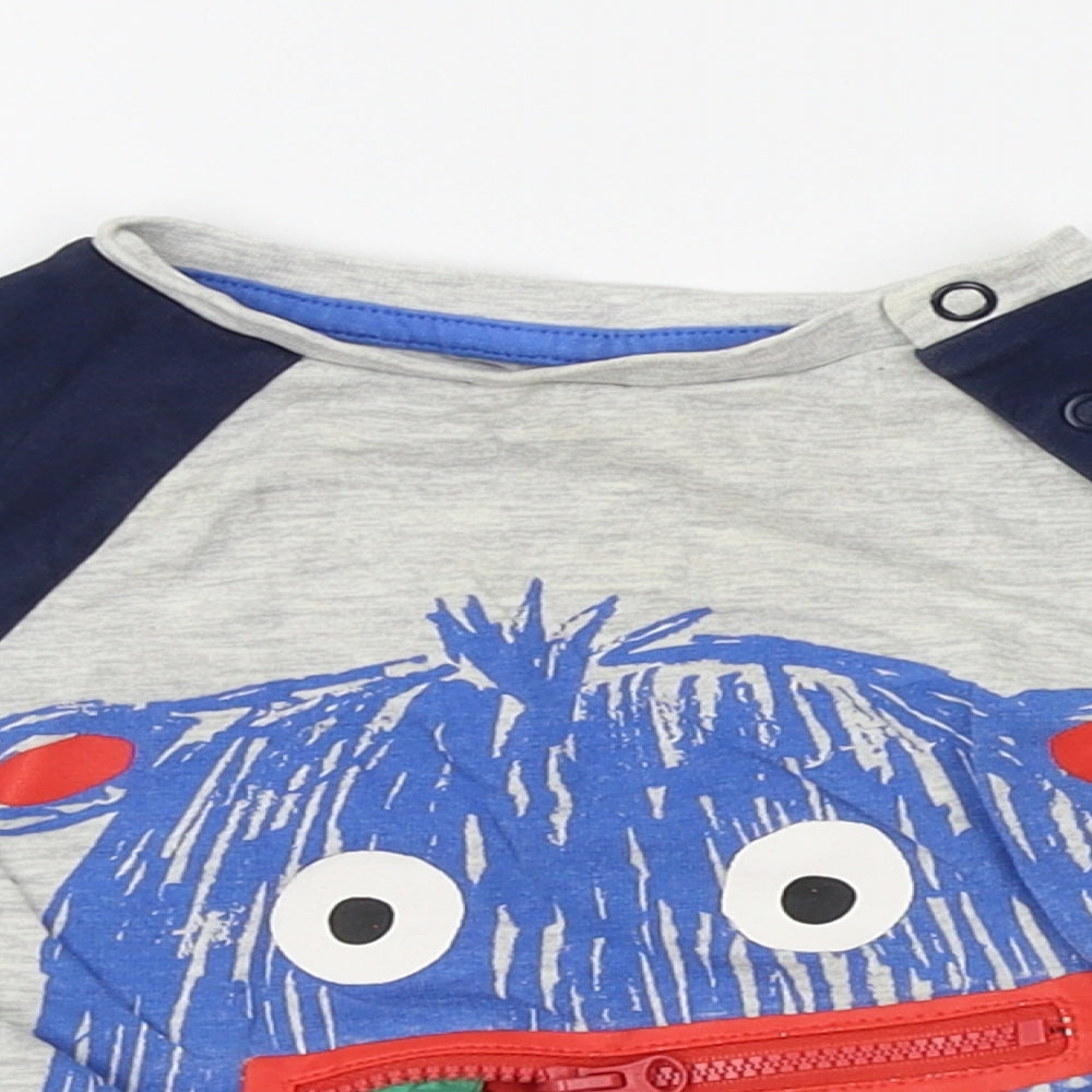 F&F Boys Grey   Basic T-Shirt Size 6-9 Months  - monster zip mouth