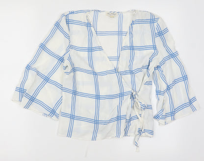 Miss Selfridge Womens White Check  Wrap Blouse Size 6  - Blue