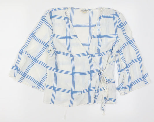 Miss Selfridge Womens White Check  Wrap Blouse Size 6  - Blue