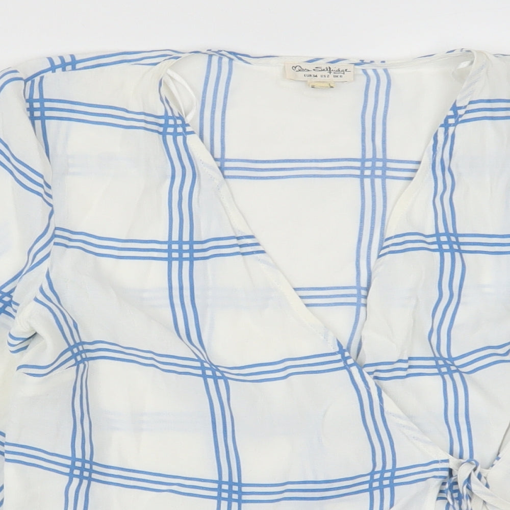 Miss Selfridge Womens White Check  Wrap Blouse Size 6  - Blue