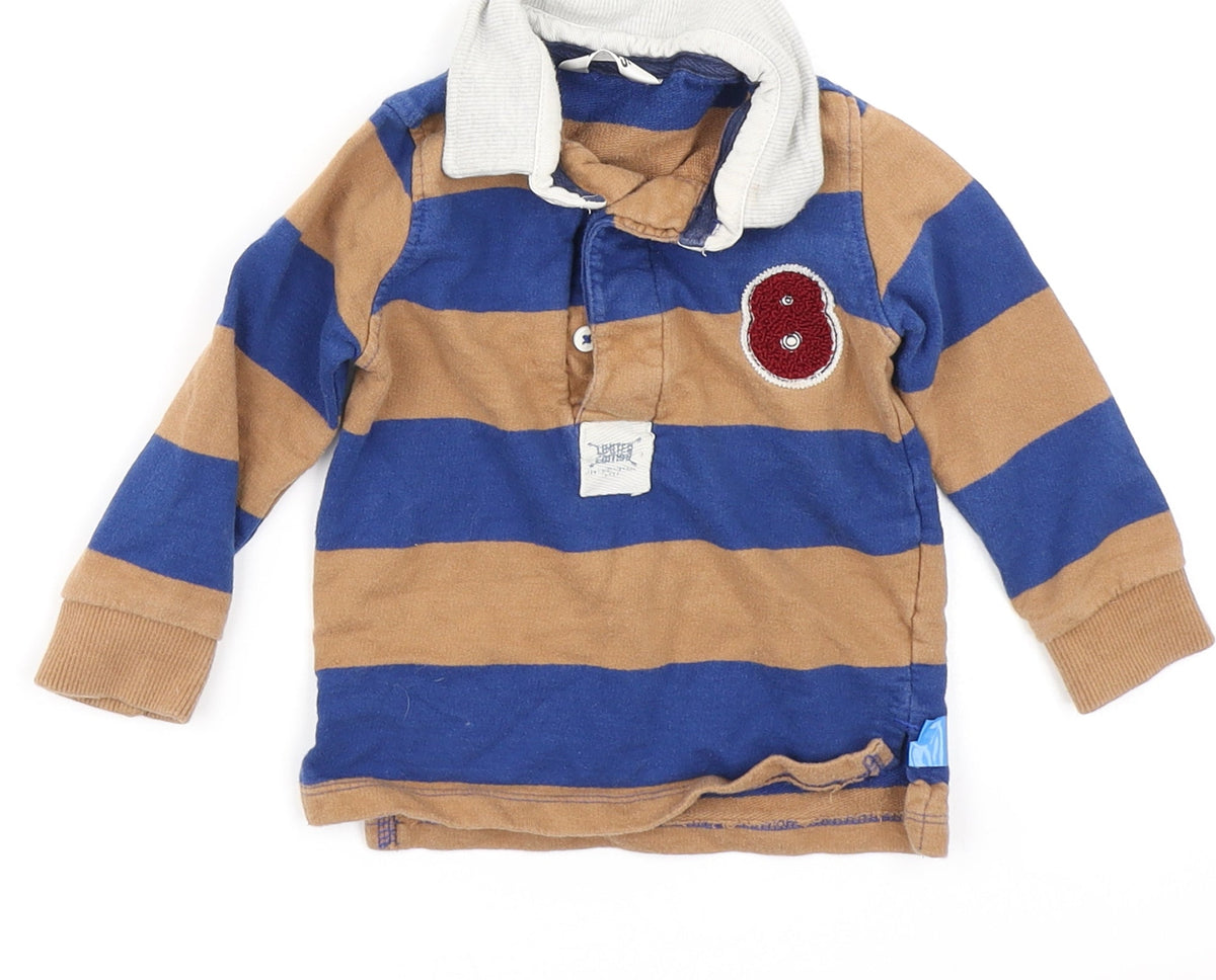Additional front view of M&Co boys’ blue striped basic polo, size 9-12, months