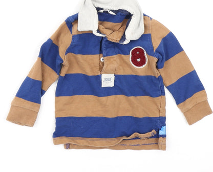 Additional front view of M&Co boys’ blue striped basic polo, size 9-12, months
