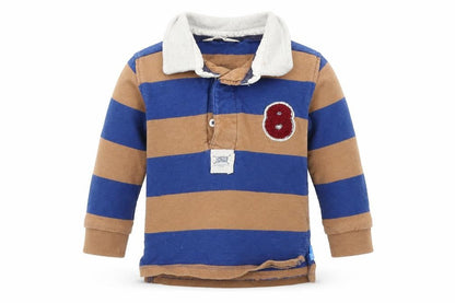 Front view of M&Co boys’ blue striped basic polo, size 9-12, months