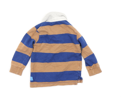 Back view of M&Co boys’ blue striped basic polo, size 9-12, months