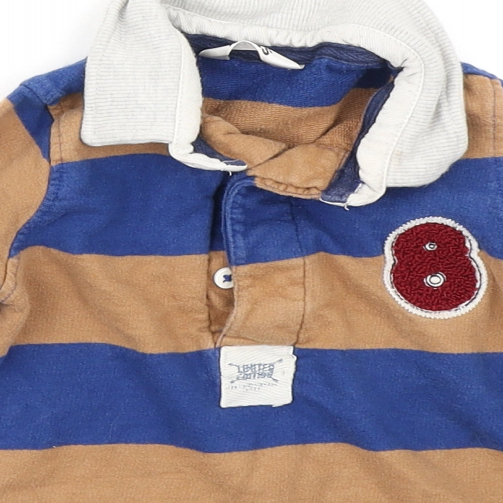 Close-up detail of M&Co boys’ blue striped basic polo, size 9-12, months