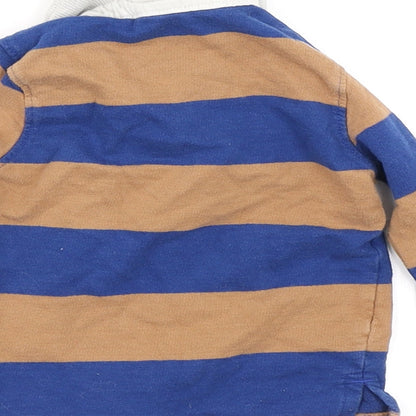 Brand and care label for M&Co boys’ blue striped basic polo, size 9-12, months