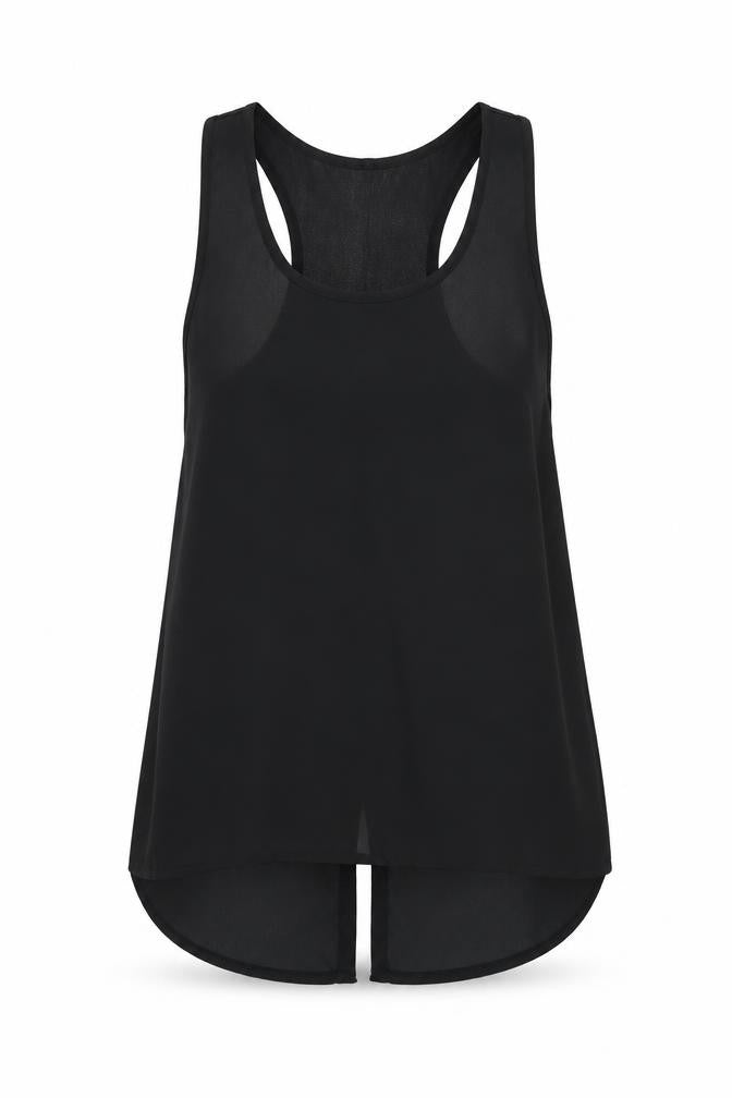 Front view of Only Fashion women’s black basic blouse, size L, - split down back