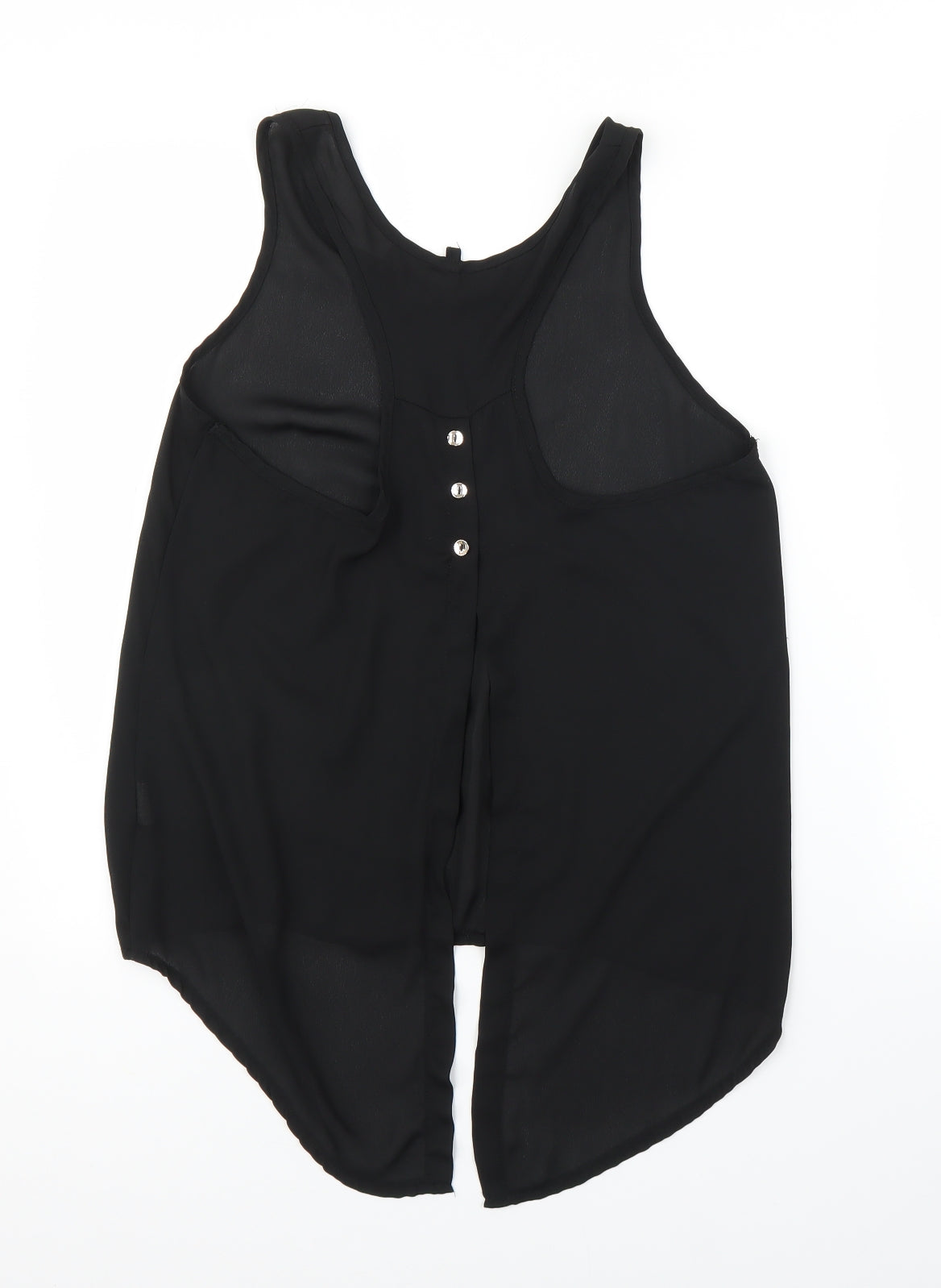 Back view of Only Fashion women’s black basic blouse, size L, - split down back
